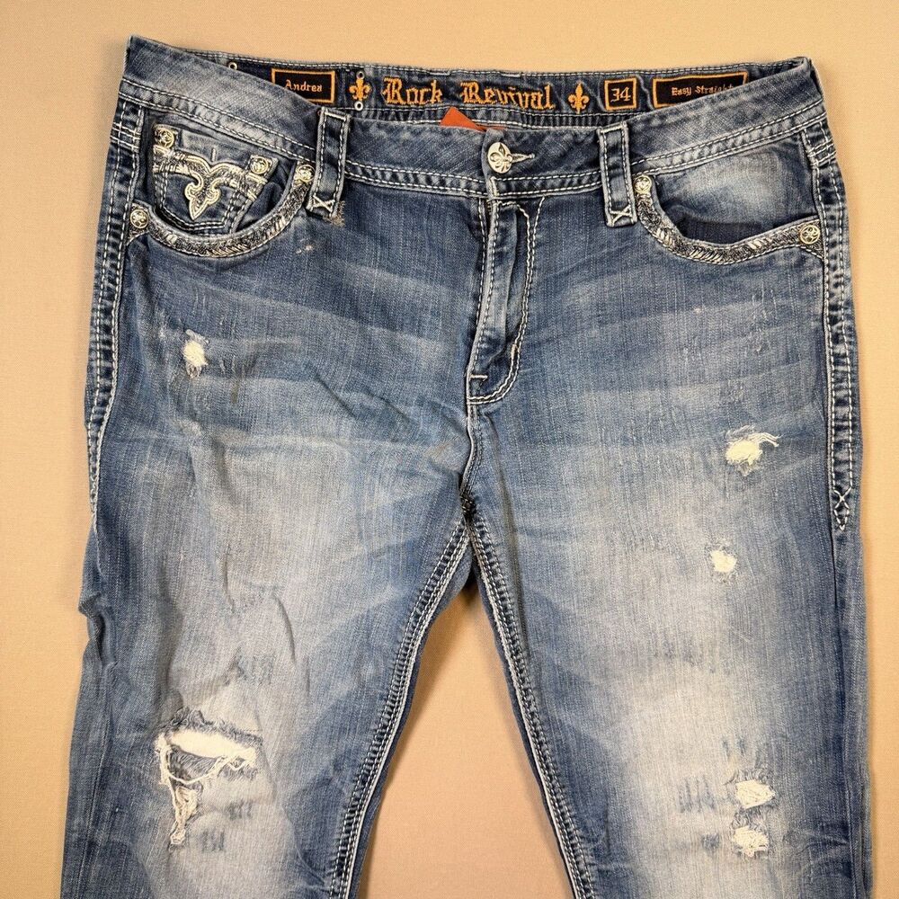 Rock Revival Andrea Easy Straight Jeans Womens 34 Blue Denim Cotton Distressed